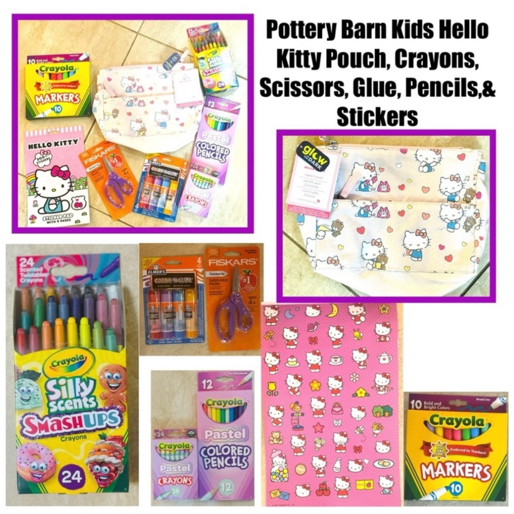Pottery Barn Kids Hello Kitty Pouch, Crayons, Glue, Scissors, Pencils & Stickers